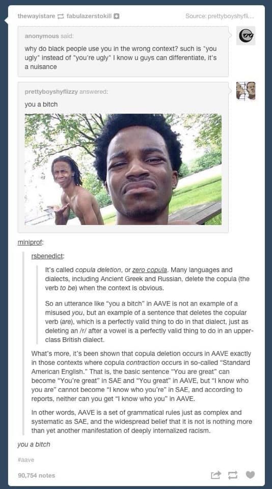The meme is a conversation between two people on a social media platform. The first person asks why Black people use them in the wrong context, and the second person responds with a photo of two Black men making a "you a b*tch" gesture, followed by the response "you a b*tch." The second person then explains that this phrase is called "copula deletion" or "zero copula," and that it is not an example of a misused "you," but rather an example of a sentence that deletes the copular verb (a) which is a perfectly valid thing to do in that dialect, just as deleting an r/ after a vowel is a perfectly valid thing to do in an upper-class British dialect. The second person then explains that copula deletion is a set of grammatical rules just as complex and systematic as SAE, and that it is not an internalized racism, but rather a  >  >  >  >  >  >  >  >  >  >  >  >  >  >  >  >  >  >  >  >  >  >  >  >  >  >  >  >  >  >  >  >  >  >  >  >  >  >  >  >  >  >  >  >  >  >  >  >  >  >  >  >  >  >  >  >  >  >  >  >  >  >  >  >  >  >  >  >  >   >  >  >  >  >  >  >  >  >  >  >   >  >  >  >  >  >  >  >  >  >  >  >  >  >  >   >  >  >  >  >  >  >  >  >  >  >   >  >  >  >  >  >  >  >   >  >  >  >  >  >  >  >   >  >  >  >  >  >  >  >   >  >  >  >     >  >  >   >   >  >  >  >  >   >  >   >  >   >  >   >  >     >    >   >      >     >