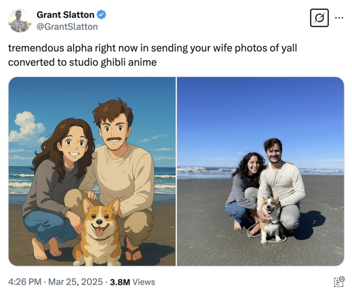 This meme is a humorous comparison of two images. The first image is a classic anime-style illustration of a man and a woman sitting on a beach with their dog, while the second image is a real-life photo of a man and a woman sitting on a beach with their dog. The text at the top of the image reads: "tremendous alpha right now in sending your wife photos of you"