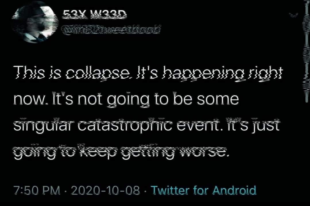 The image is a tweet from a Twitter account named 53X W33D, with a message that reads: "This is collapse. It's happening right now. It's not going to be some singular catastrophic event. It's just going to keep getting worse." The text is presented in a distorted, glitchy font, with some letters and words broken or replaced with similar-looking characters. The message is accompanied by a date and time stamp of 7:50 PM on October 8, 2020.