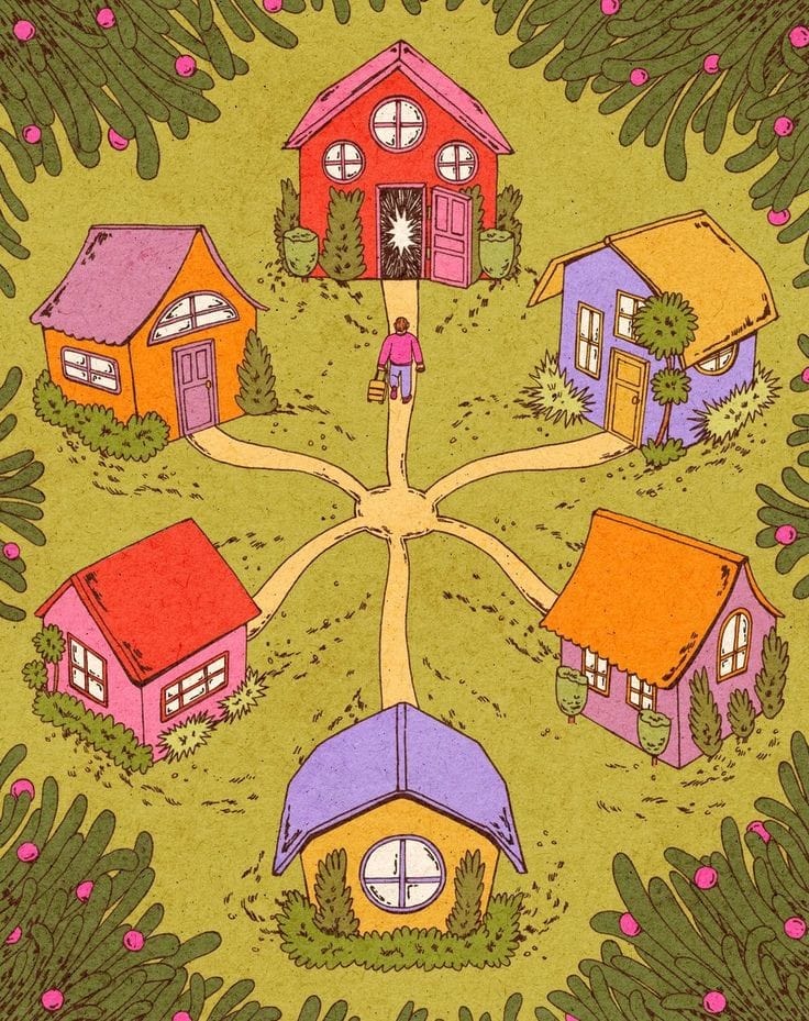 This meme is a visual representation of a tree with multiple houses, each representing a different family member. The image shows a tree with multiple branches, each one leading to a house with a different family member's name on the door. The text on the image reads: "We have a house for every family member, but we still can't find the one for the in-laws."