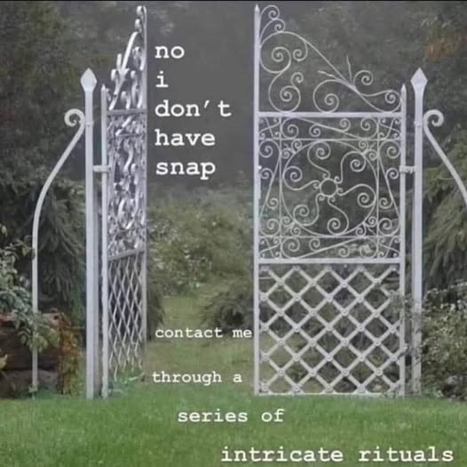 This meme is a humorous image of a garden gate with a sign that says "no i don't have snap" and "contact me through a series of intricate rituals". The image is likely meant to be humorous and ironic, implying that the person is not interested in engaging with someone through a complex and mysterious process.