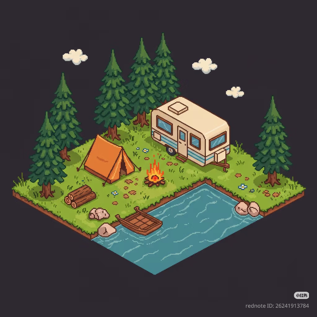 The meme is an image of a cozy, rustic cottage scene, complete with a small cabin, a campfire, and a nearby lake. The image is rendered in a pixelated, 8-bit style, typical of the Cottagecore aesthetic. The text "I ju...