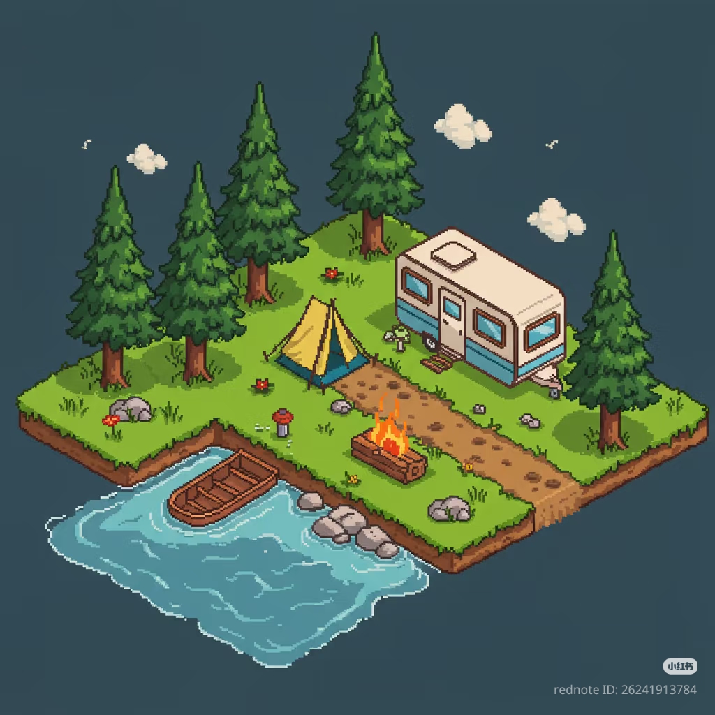 The meme is an image of a serene, pixelated cottagecore scene, featuring a small cottage, a pond, and a boat. The scene is surrounded by trees, flowers, and a campfire, with a small, yellow tent in the center. The tex...
