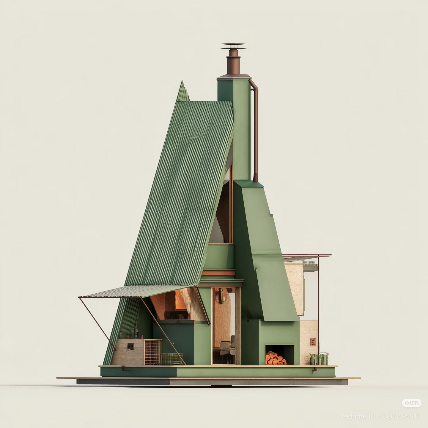 The meme is a 3D rendering of a cottagecore-inspired A-frame cabin, with a focus on cozy and rustic elements. The image features a cozy A-frame cabin with a green and natural color scheme, featuring a fireplace, a kit...