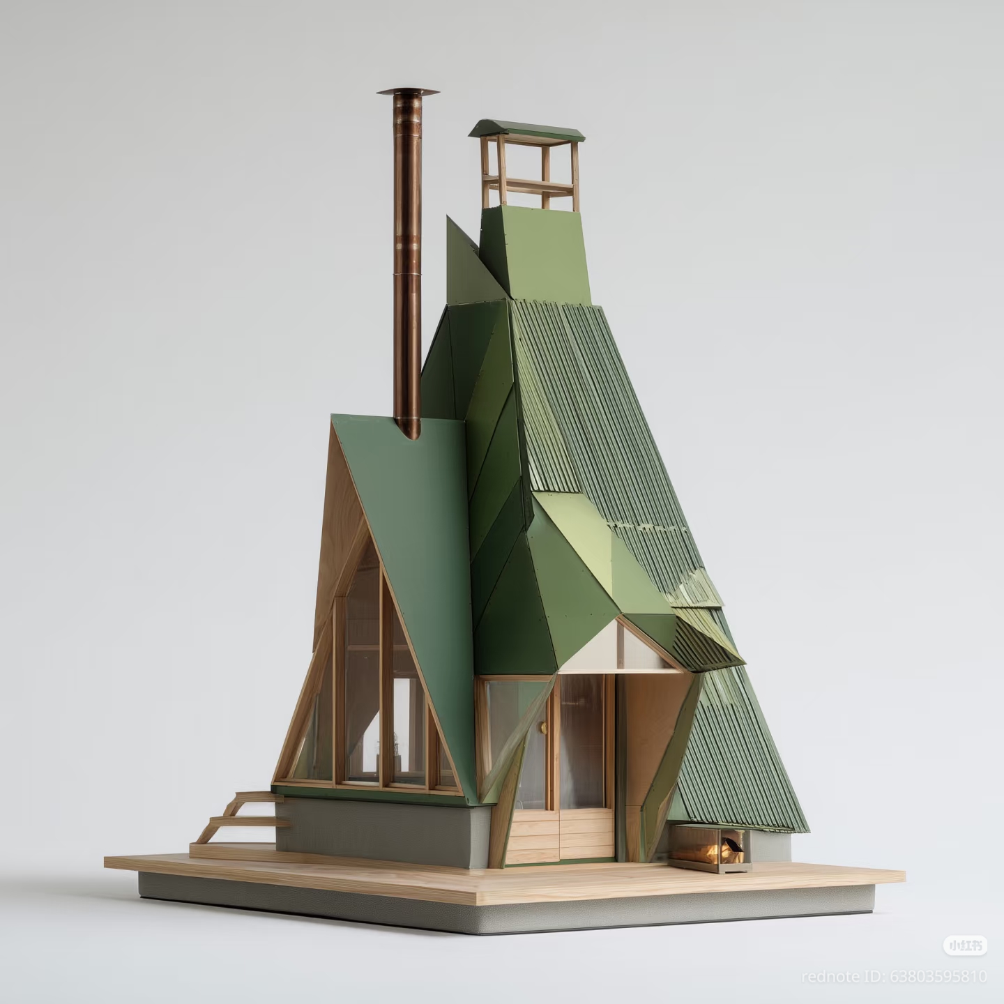 The meme features a 3D model of a cottagecore-inspired cabin, with a focus on natural materials and cozy, rustic elements. The image is captioned "I've been living in this cabin for 5 years, I've never seen a tree in...