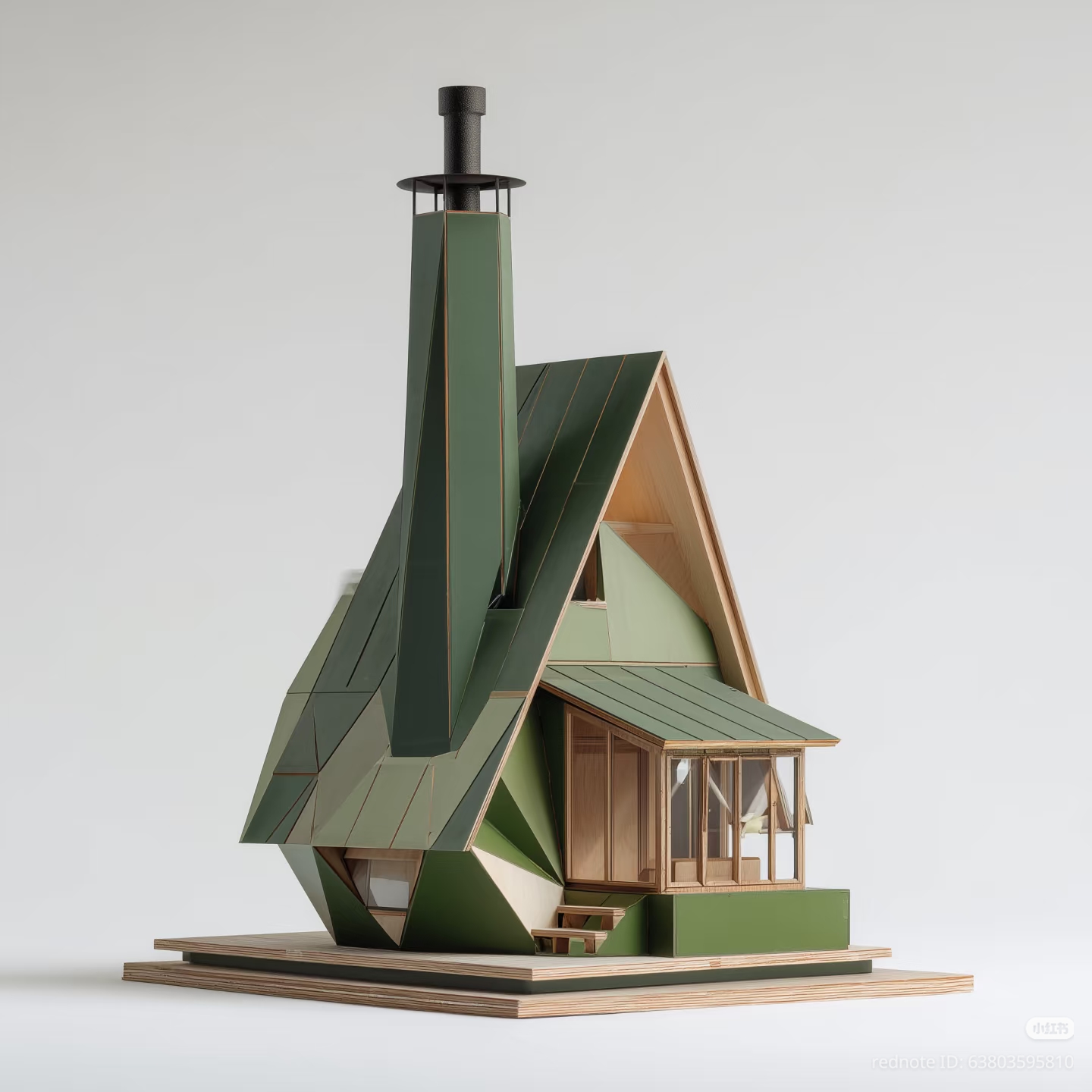 The meme is a 3D rendering of a cottage-style house with a green, angular, and modern design, featuring a tall, thin chimney and a flat, green roof. The text "I can see a cottage in the woods, but I don't see a house"...