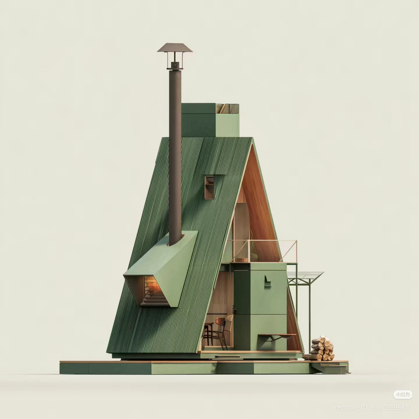 This meme is a still image of a modern, minimalist, and cozy cottage-inspired A-frame cabin with a green exterior and a small, central chimney. The cabin has a small, open living area with a fireplace, a small kitchen...