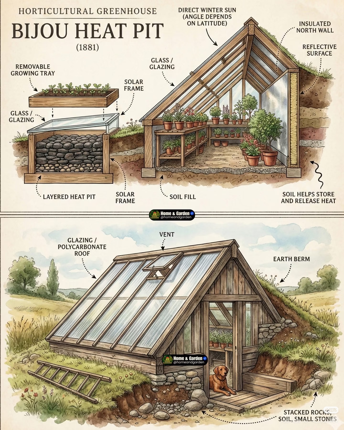 The meme is a playful and whimsical illustration of a rustic, earthy, and charming "Bijou Heat Pit" (a type of greenhouse) in a Cottagecore aesthetic. The image features a cozy, wooden structure with a curved roof, su...