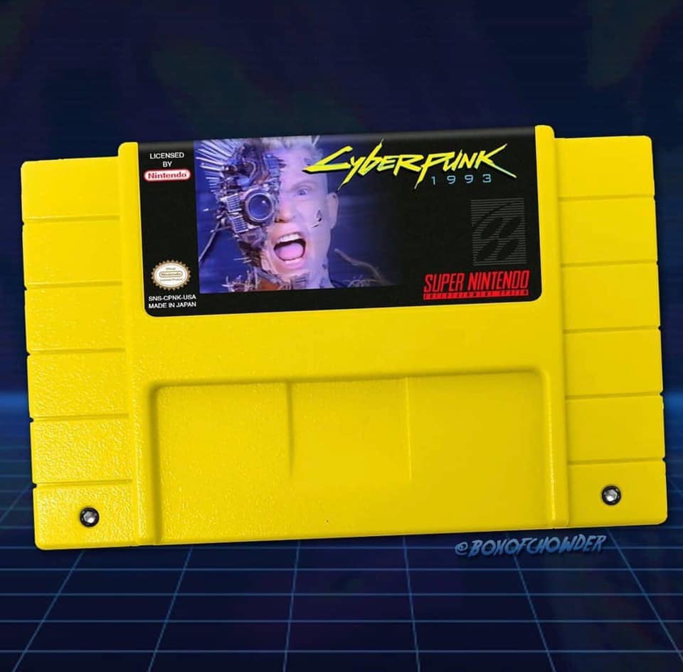 Okay, let's break down this image of a custom-designed Super Nintendo cartridge labeled "Cyberpunk 1993" through the requested theoretical lenses. **Visual Description** The image depicts a bright yellow Super Nintend...