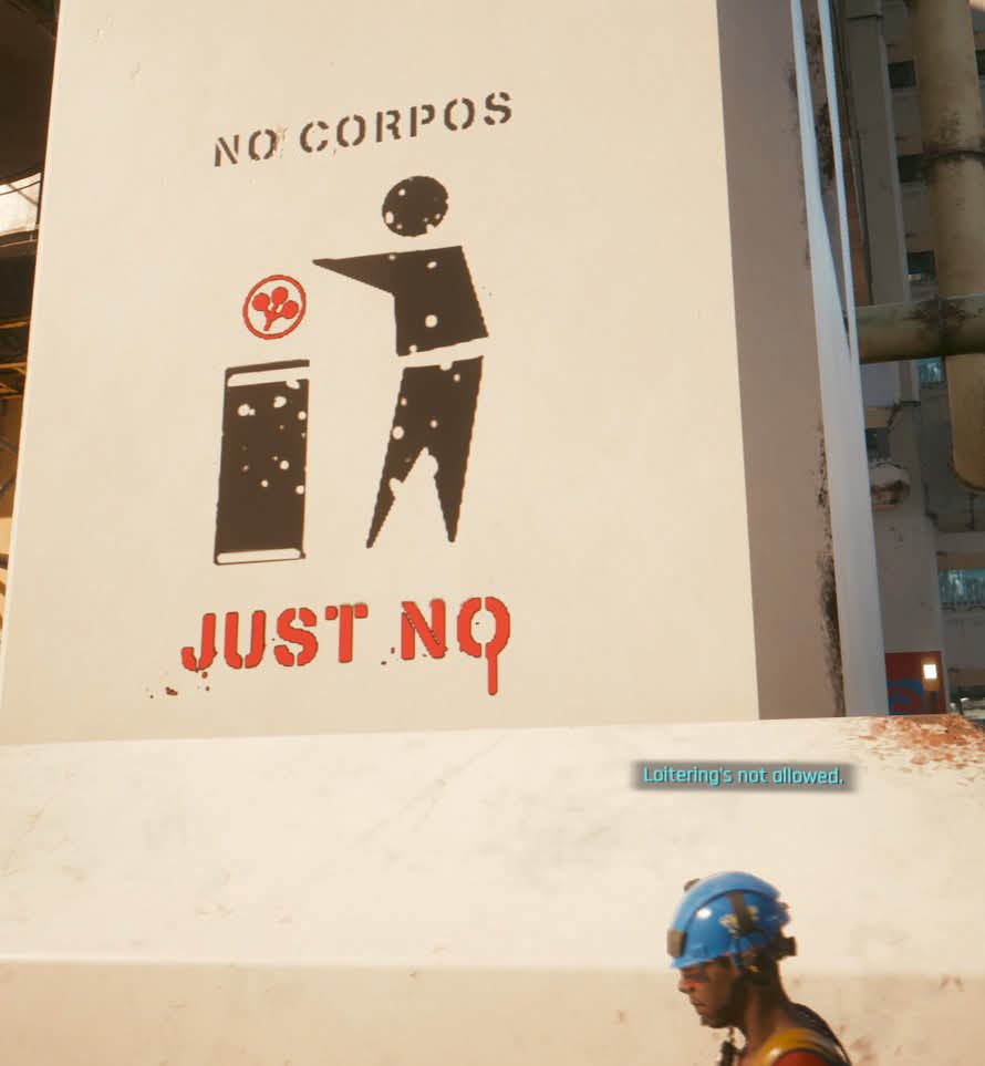 This meme is from the context of Cyberpunk, a popular video game. The image features a sign in a language that is not English, but it's being used to convey a humorous message. The text "NO CORPOS" is at the top, foll...