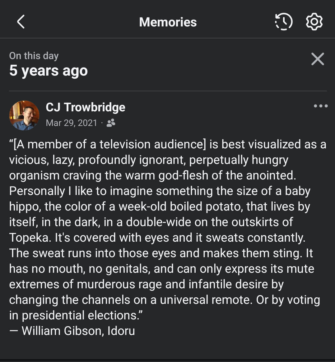 The image features a social media post with a quote from William Gibson's novel "Bol . The quote is presented in white text on a black background, creating a clean and simple design. The quote itself is a description...