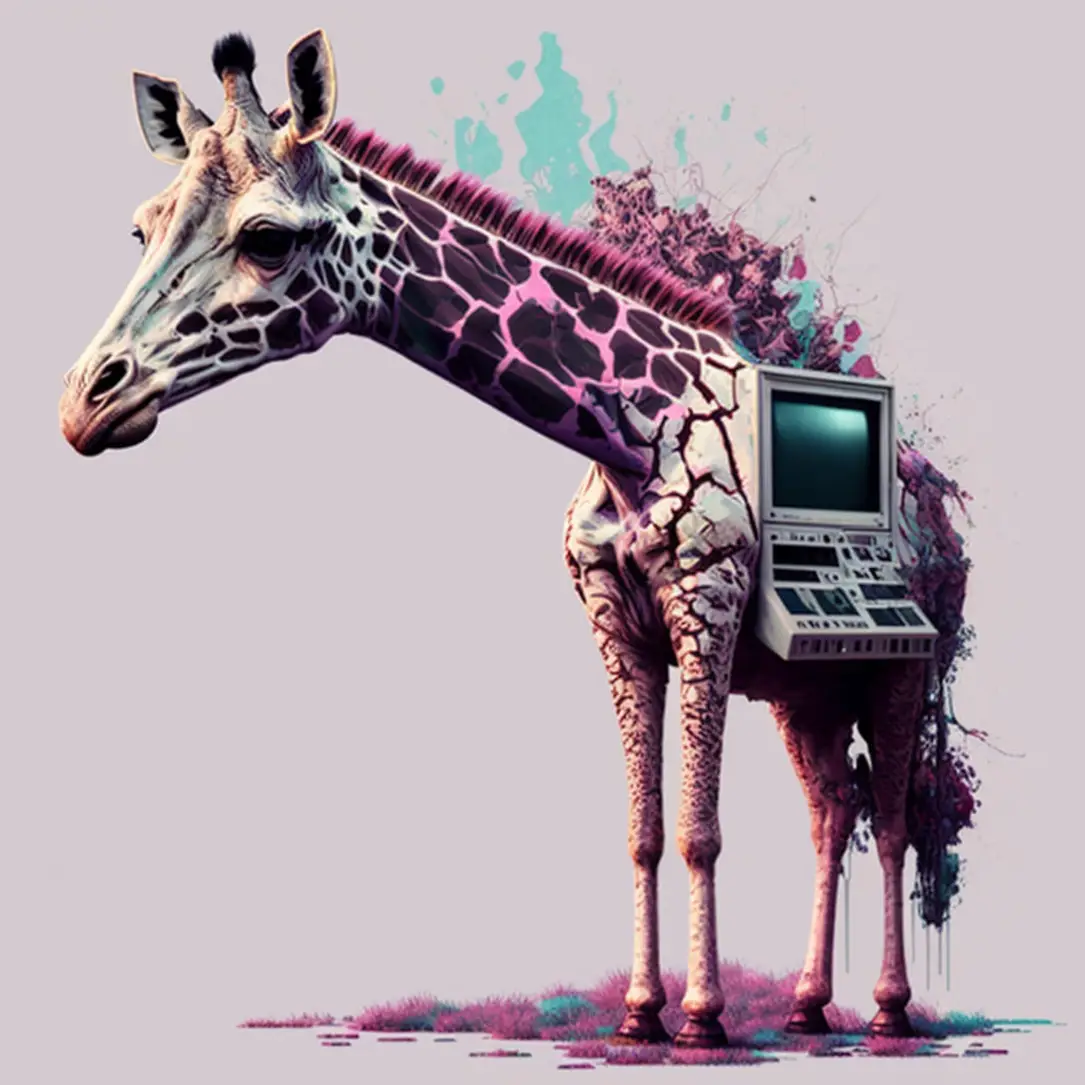 Okay, let's break down this compelling image through the lenses of various critical theories. It's a richly layered piece, and multiple interpretations are valid. **1. Visual Description** The image depicts a giraffe,...