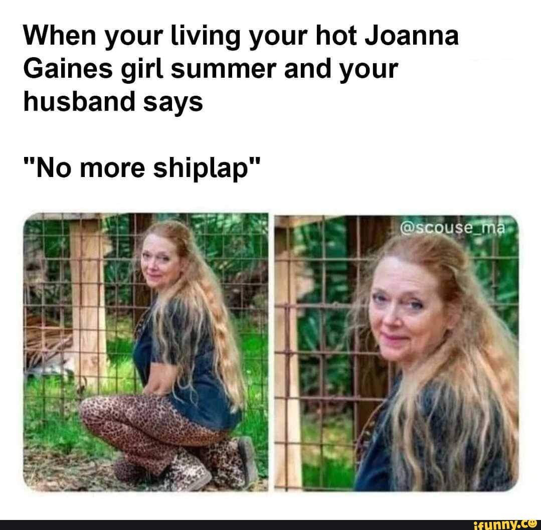 This meme is a humorous exchange between a husband and his wife, where she is being told to remove her shiplap (a type of wall covering) from her living room. The wife, played by actress JoAnna Gaines, is a popular reality TV personality, and the husband is making a joke about her name being "Joanna" and her being a "gains" (a type of muscle) in a humorous way. The husband's comment is a play on words, using her name to make a joke about her physical appearance.