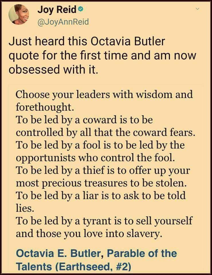 This meme is a humorous take on the quote from the novel "Parable of the ... ", which is a commentary on the dangers of power and the corrupting influence it can have on individuals. The quote is presented in a format that is easy to read and understand, with each line of the quote separated by a blank line. The quote is a commentary on the nature of power and how it can corrupt even the best of people.