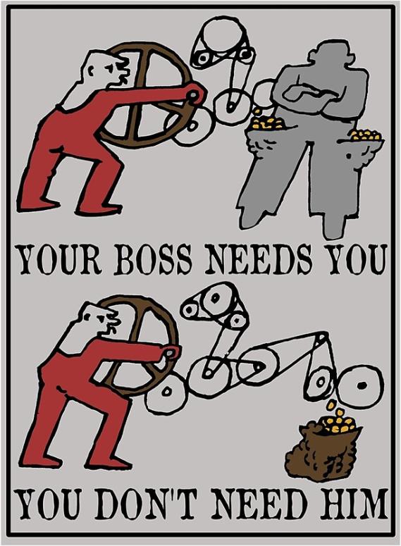 This meme is a humorous illustration of the classic "I'm not a [insert job title] because I'm a [insert job title]" joke. The image depicts a person with a wheel, a hammer, and a bucket of gold, with the text "Your boss needs you" and "You don't need him" above and below the image, respectively. The meme is a play on the idea that a person with a simple toolset can still be successful, implying that they don't need a boss to be successful.