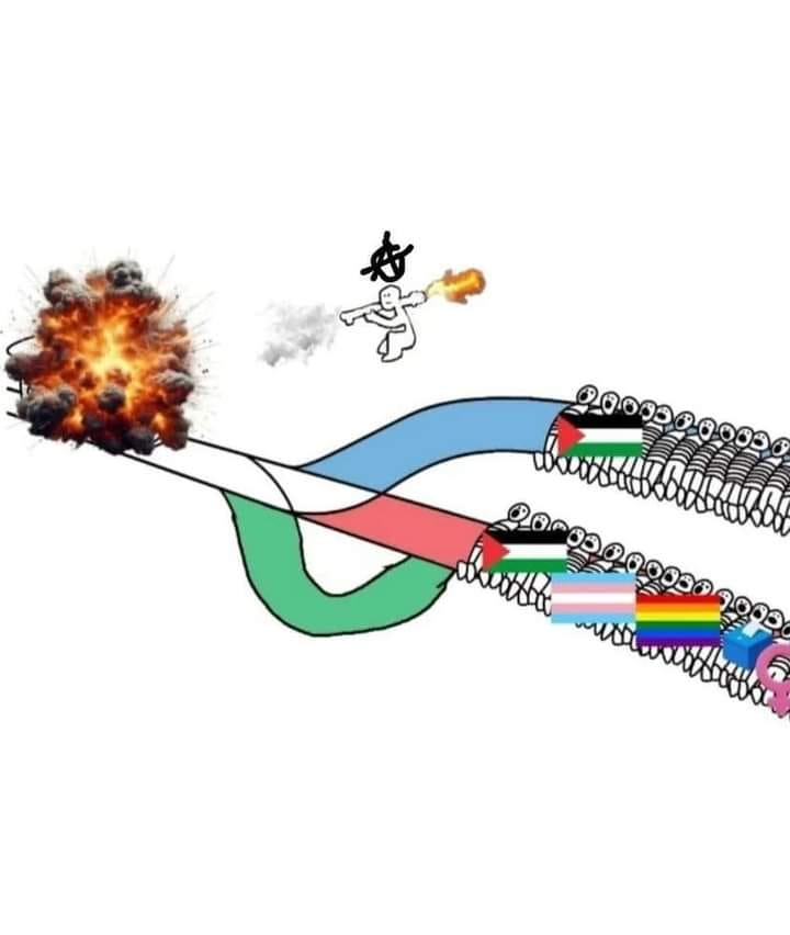 The meme is a humorous image of a stick figure being blown up by a bomb, with a trail of flags representing different countries or groups following behind it. The text "I'm not a terrorist, I'm just a stick figure" appears at the bottom of the image. The stick figure is being chased by a diverse group of people, including those from various countries and cultures, implying that they are all being targeted by the same bomb.