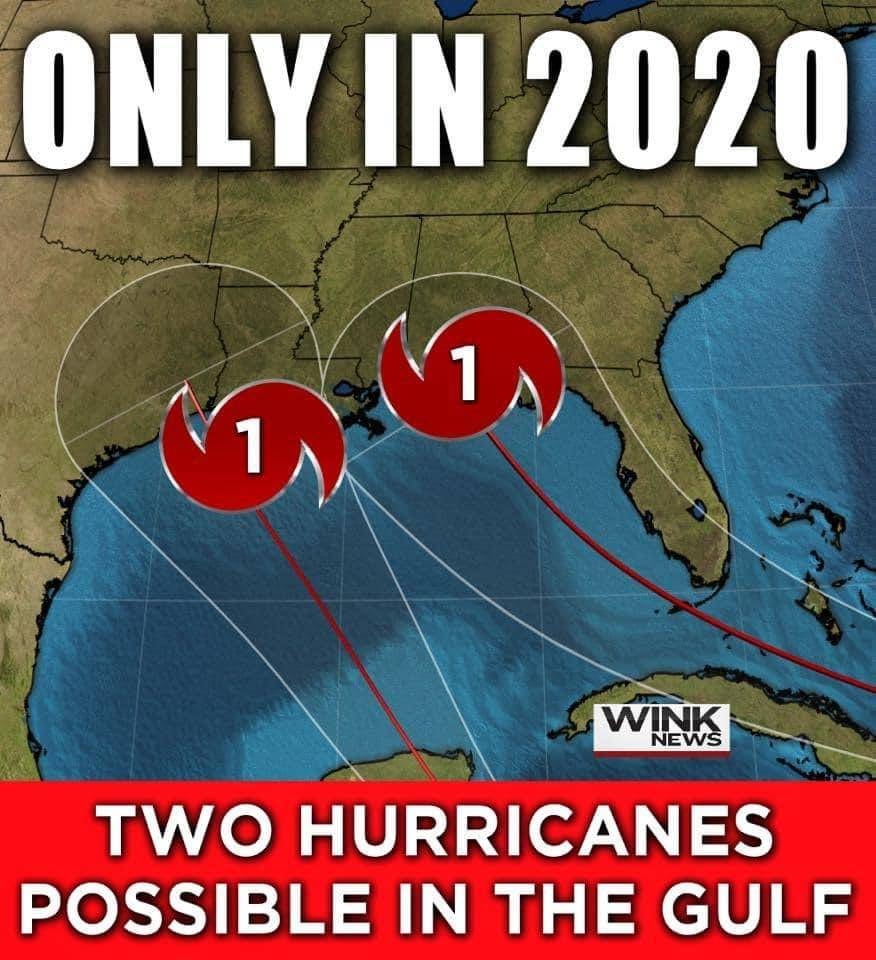 The meme is a satirical image about the 2020 hurricane season in the Gulf of Mexico. The image features a map of the United States, with a red line indicating the path of two hurricanes, both of which are labeled as "1". The top of the image reads, "Only in 2020", while the bottom states, "Two hurricanes possible in the Gulf". The image is meant to be humorous, as it implies that it is unusual for there to be two hurricanes in the same area at the same time, and that this is only possible in the year 2020. The image is likely meant to be a commentary on the unusual weather patterns of 2020, which were marked by a record number of hurricanes and other extreme weather events.