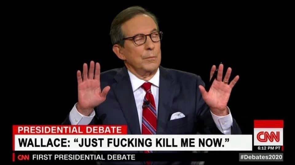 The image is a still from a CNN news program. The host, a middle-aged man with short brown hair and glasses, is wearing a dark blue suit, white shirt, and red tie. He has his hands raised, palms up, in a gesture of surprise or inquiry.  In the foreground, a white and red banner with the words "PRESIDENTIAL DEBATE" in white text on a red background is visible. Below this, a white and red box with the words "WALLACE: 'JUST F***ING KILL ME NOW.'" in black text on a white background is shown. The text is written in a bold, all-caps font.  In the background, another person is partially visible, wearing a dark blue suit and white shirt. The overall atmosphere of the image is one of surprise or shock, as if the host is asking for something to be stopped or stopped immediately. The use of profanity in the text adds to the sense of urgency and drama.