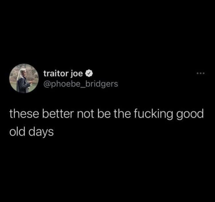 This tweet is a humorous take on the idea that people often use the phrase "these better not be the good old days" to express a sense of nostalgia for the past. The author, Traitor Joe, is using this phrase to express a more cynical and self-deprecating attitude, suggesting that the current state of things is so bad that it's better than what came before. The tweet is likely meant to be humorous and relatable, as it pokes fun at the idea of using this phrase to express a sense of hopelessness.