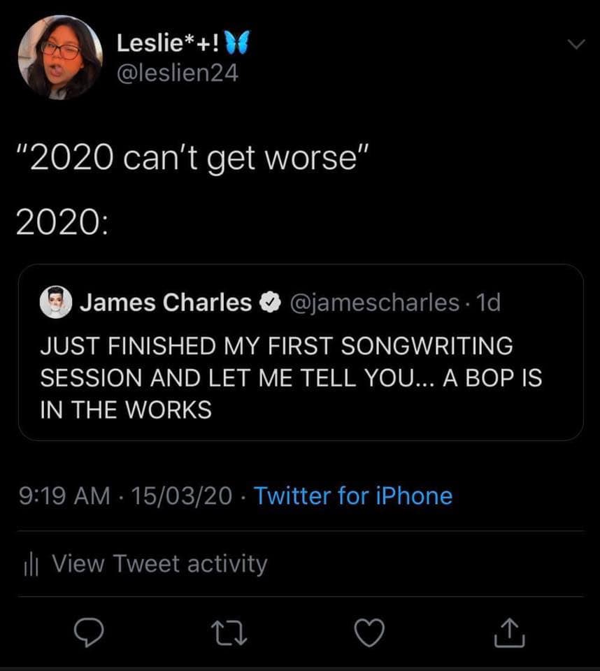 This meme is a Twitter post that pokes fun at the idea that 2020 was a particularly bad year. The original tweet says, "2020 can't get worse," but James Charles, a popular YouTube personality, responds with, "Just finished my first songwriting session and let me tell you, a BOP is in the works." The meme is meant to be humorous because it implies that even someone as popular as James Charles is having a bad year, but still managed to find some success. The image is likely meant to be shared on social media to bring some humor to your followers' feeds.