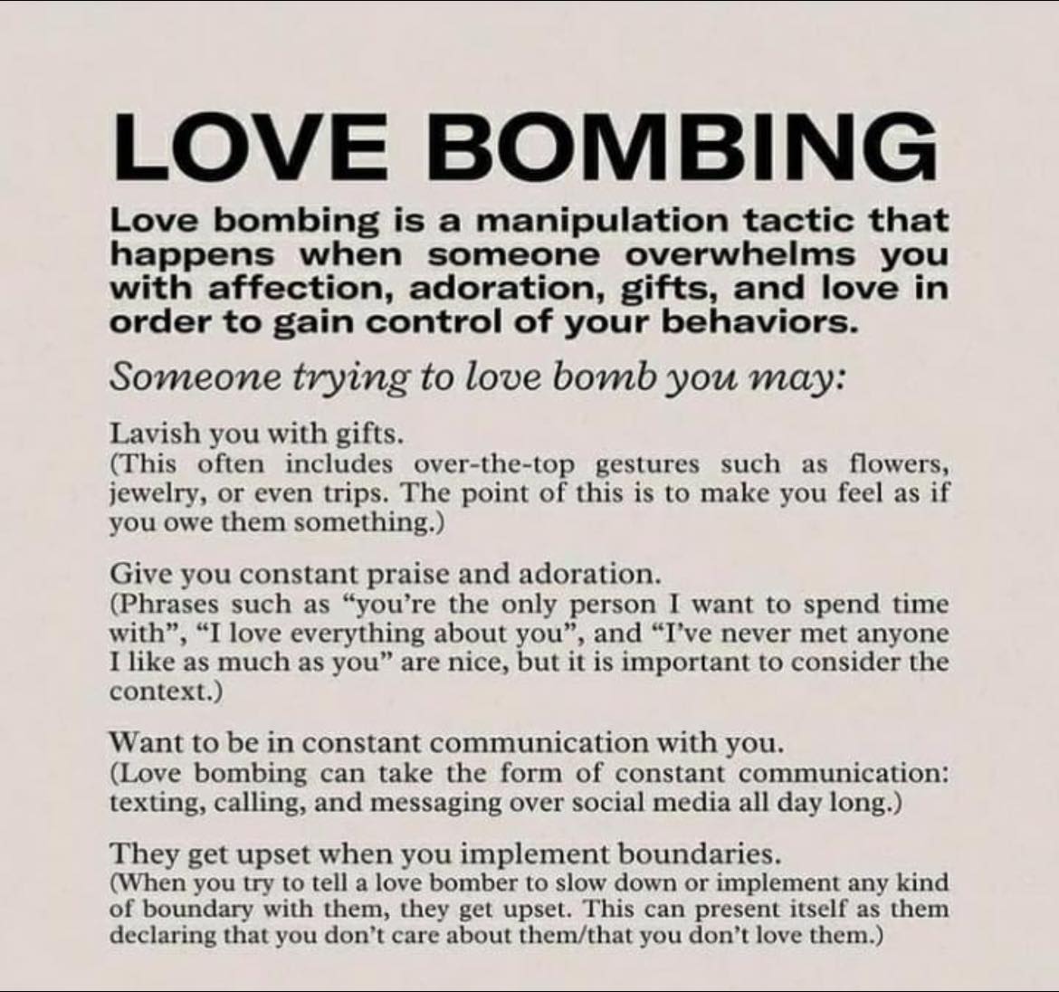 This meme is a humorous illustration of the psychological concept of "love bombing," where someone tries to win someone's affection by showering them with excessive and insincere attention. The image depicts a person being bombarded with flowers, chocolates, and romantic gestures, with a caption that reads: "When you try to love bomb someone with gifts, compliments, and affection, but it's actually just a manipulative tactic to control their emotions."