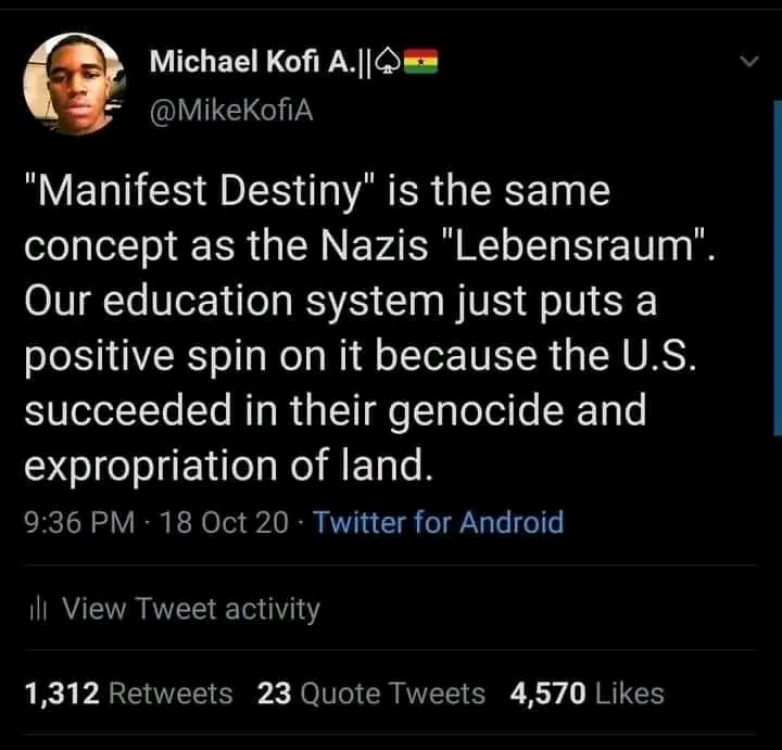 This meme is a satirical commentary on the concept of "Manifest Destiny" in the context of the United States. The text states that "Manifest Destiny" is the same concept as the Nazi ideology "Lebensraum", implying tha...