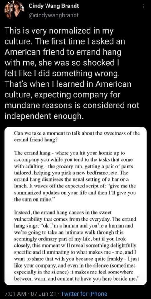 This meme is a screenshot of a Twitter conversation between two people. The first person, @cindywangbrandt, shares a humorous exchange with a friend about the "errand friend" experience, where the friend asks for help with mundane tasks, such as grocery shopping and cleaning. The friend responds with a sarcastic and humorous explanation of the "errand friend" experience, using a fictional conversation between two people to illustrate the concept.