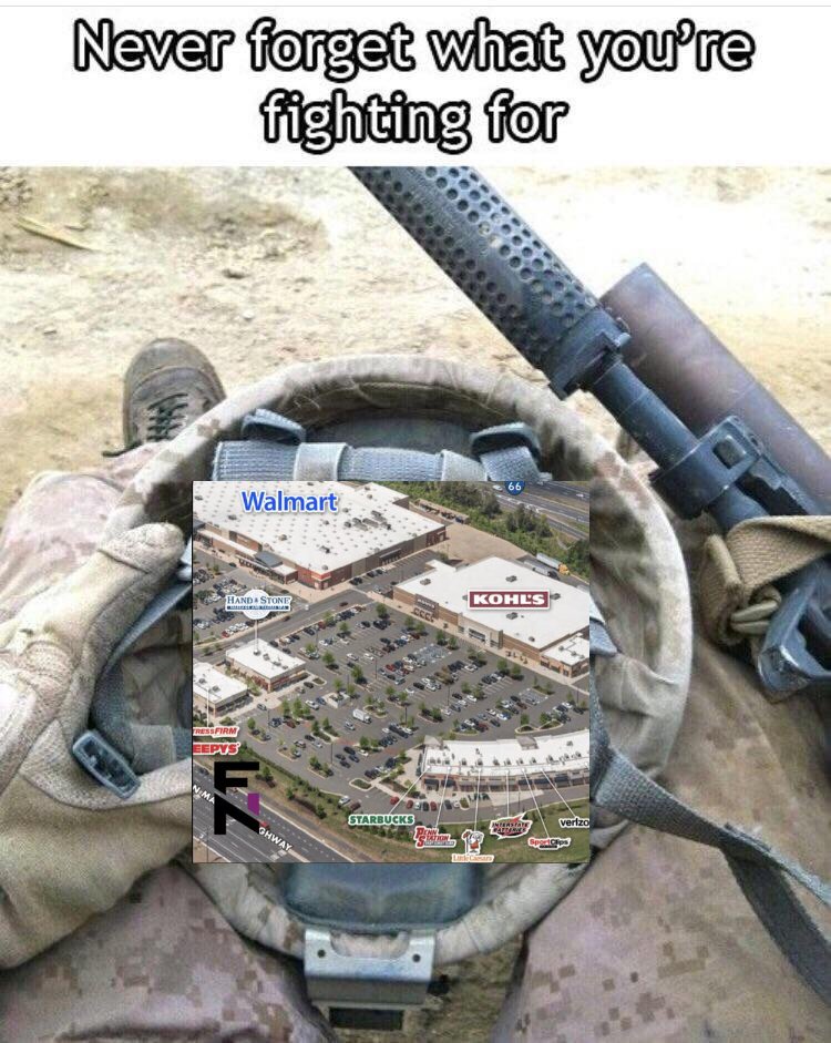 This meme features an image of a soldier's helmet with a map of a shopping mall superimposed on it. The text "Never forget what you're fighting for" is written above the image, implying that the soldier is fighting for the right to shop at the mall.