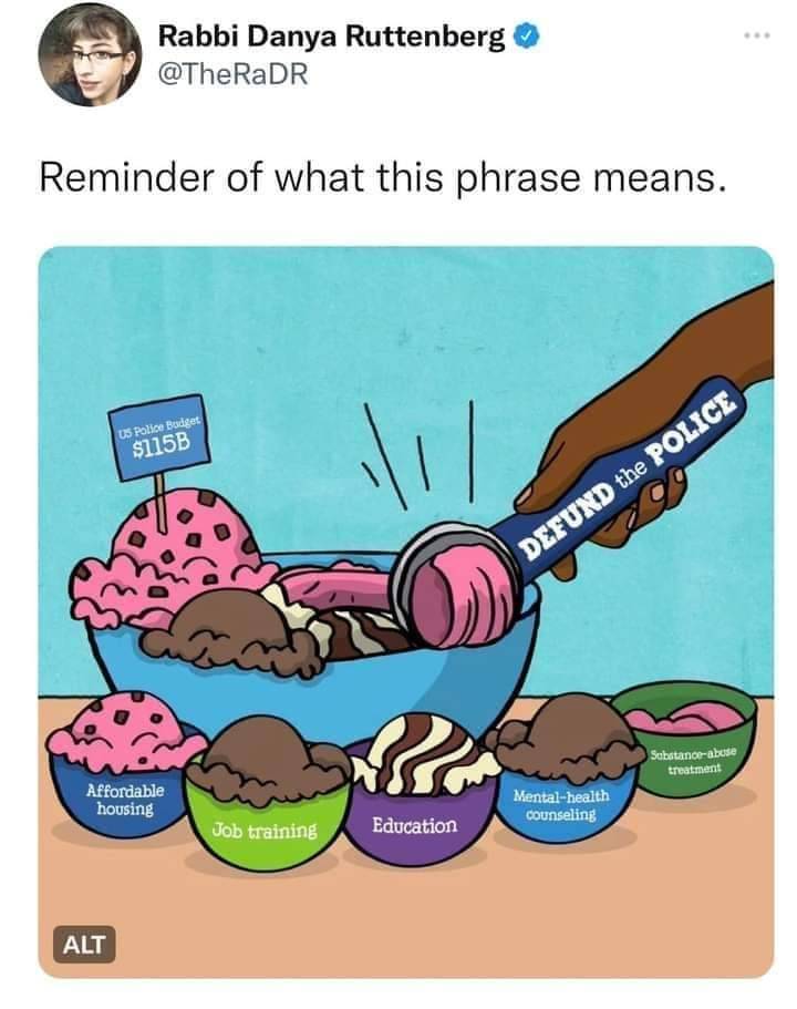 This meme is a humorous illustration of a person's hand pouring a large scoop of ice cream into a bowl, with each flavor representing a different aspect of a proposed budget cut. The text "DEFUND THE POLICE" is written on the spoon, and the flavors include "Affordable Housing", "Job Training", "Education", "Mental Health", and "Substance Abuse Treatment", all of which are being replaced by a police budget of $115 billion. The image is a clever and satirical commentary on the idea of "defunding the police" and using the money for more important things.