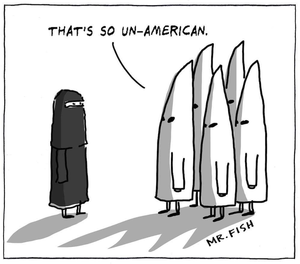 The meme is a play on the classic "I'm not a [insert profession], I'm a [insert profession]" joke. The image shows a group of "I'm not a [insert profession]" characters, with a "I'm not a terrorist" character standing next to a group of "I'm not a terrorist" characters. The text at the top reads "That's so un-American."
