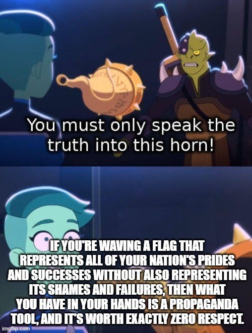 The meme is a humorous exchange between two characters from the animated series "She-Ra and the Princess of Power." The first character, a villainous leader, tells a hero to "speak the truth into the horn of a truth-telling device." The hero responds with a sarcastic comment about the device's ability to reveal the truth, but the villain's response is a darkly comedic statement about the device's true purpose.