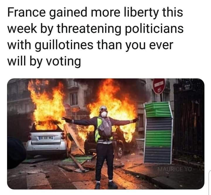 The meme is a humorous commentary on the 2022 French legislative elections, where the right-wing party, Les Républicains, lost to Emmanuel Macron's party. The image shows a person standing in front of a burning car, with their arms outstretched and a burning car behind them. The text reads: "France gained more liberty this week by threatening politicians with guillotines than you ever will by voting."
