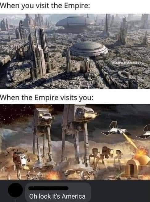 This meme is a humorous comparison between two iconic scenes from the Star Wars franchise. The top image shows the desolate, barren landscape of the Death Star's destruction in "Star Wars: Episode IV - A New Hope". The bottom image shows the iconic scene from "Star Wars: The Force Awakens" where the new Death Star is destroyed. The text in the meme reads: "When you visit the Death Star: / When the Death Star visits you: / Oh look it's America".