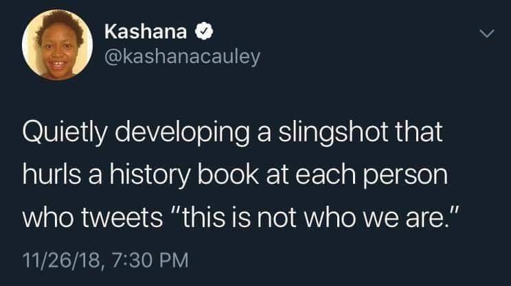 The meme is a screenshot of a Twitter post by a user named "Kashana" (Kashana is a comedian and writer, and her Twitter handle is @Kashana). The text reads: "Quietly developing a slingshot that will quietly destroy your Twitter account with a single tweet."