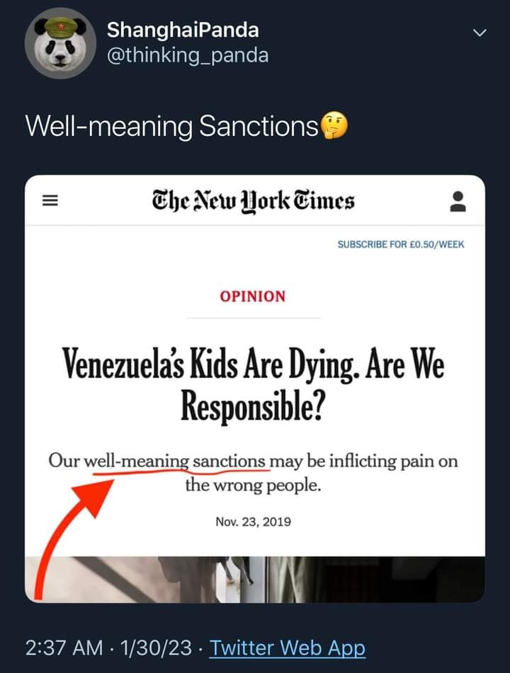 This meme is a screenshot of a New York Times article with a headline "Venezuela's Kids Are Dying. Are We Responsible?" with a red line under the word "responsible" that is actually "responsible" spelled incorrectly as "responible". The text above the image reads "Well-meaning sanctions".