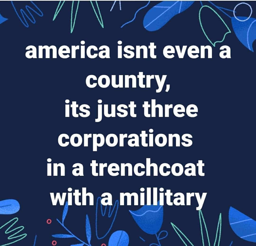 This meme is a humorous commentary on the United States' reputation as a global leader. The text reads: "America isn't even a country, it's just three corporations in a trenchcoat with a military." This statement is a satirical take on the idea that the US is not a nation, but rather a collection of powerful corporations that are protected by the military.