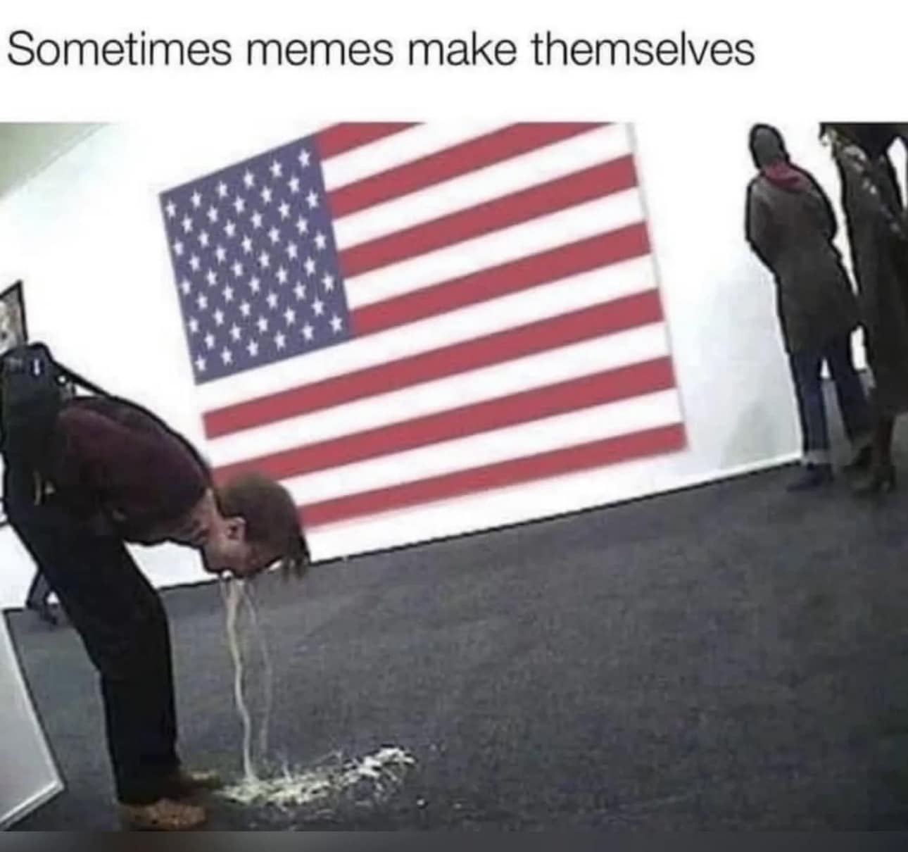 This meme features a person vomiting on the American flag, with the text "Sometimes memes make themselves" above it. The image is a humorous and irreverent take on the idea of memes being created or discovered by accident, with the person's vomiting serving as a metaphor for the unexpected and chaotic nature of meme creation. The text above the image is a tongue-in-cheek commentary on the idea that sometimes, even the most unexpected and absurd things can become popular memes.