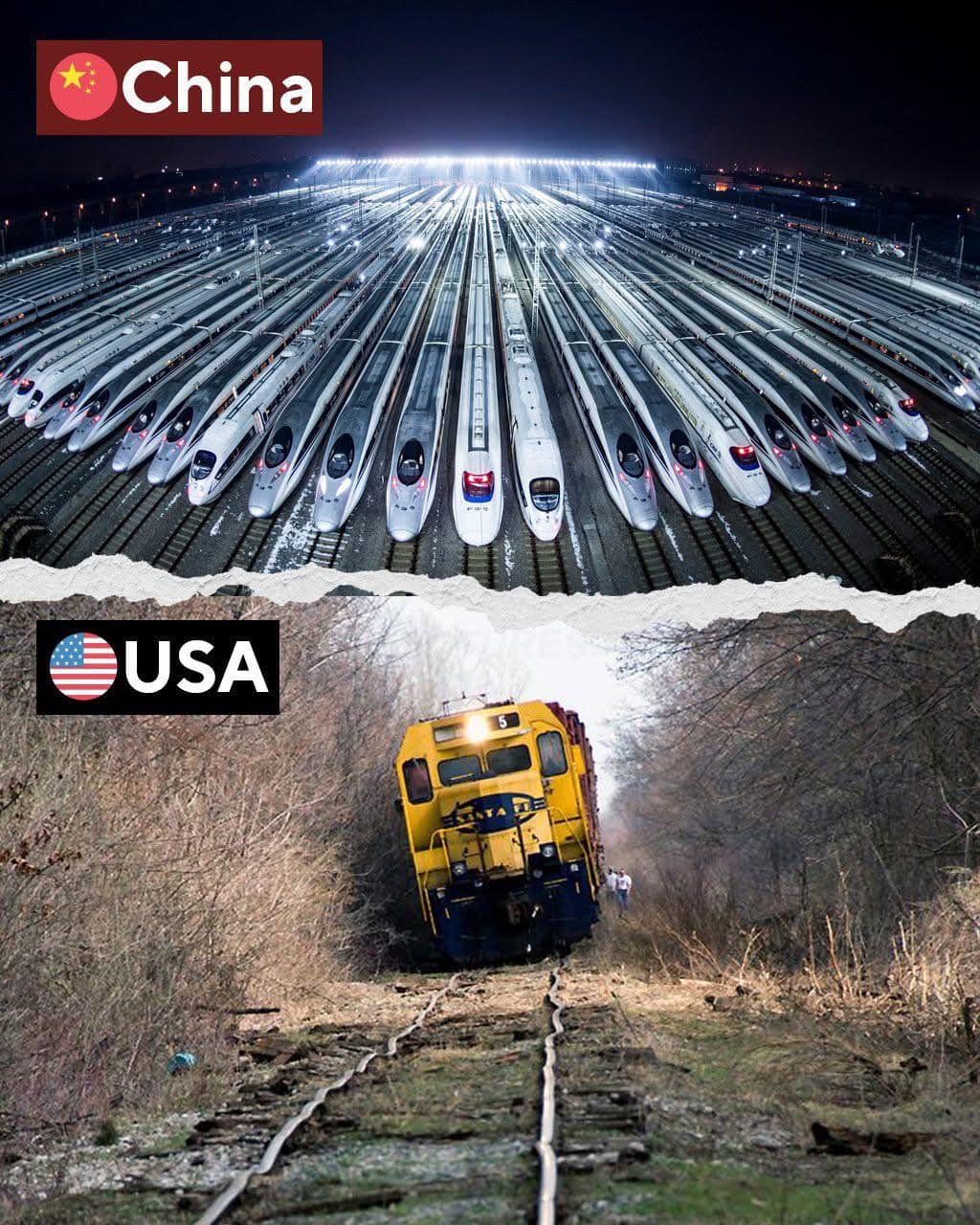 This meme is a visual comparison between China's high-speed rail network and the United States' lack of it. The top image shows a vast, well-lit, and organized rail yard in China, with many trains parked in rows. The bottom image shows a dilapidated, overgrown, and abandoned rail yard in the United States, with a single train stuck in the mud. The text "China" is in the top left corner, and "USA" is in the bottom left corner.