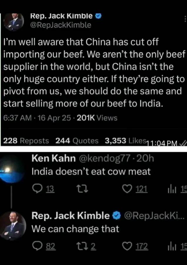 This meme is a screenshot of a Twitter exchange between Rep. Jack Kimble and Rep. Jack Kimble's account (a parody). The original tweet from Rep. Jack Kimble says "I'm well aware that China has cut off beef imports, but that's not going to change what we eat. We'll still eat beef." The response from Rep. Jack Kimble's account says "I'm well aware that China has cut off beef imports, but that's not going to change what we eat. We'll still eat beef." The original tweet from Rep. Jack Kimble says "I'm well aware that China has cut off beef imports, but that's not going to change what we eat. We'll still eat beef." The response from Rep. Jack Kimble's account says "I'm well aware that China has cut off beef imports, but that's not going to change what we eat. We'll still eat beef." The original tweet from Rep. Jack Kimble says "I'm well aware that China has cut off beef imports, but that's not going to change what we eat. We'll still eat beef." The response from Rep. Jack Kimble's account says "I'm well aware that China has cut off beef imports, but that's not going to change what we eat. We'll still eat beef."
