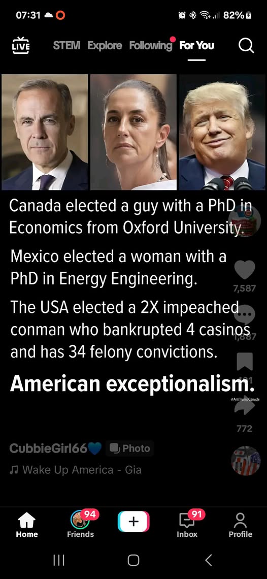 This meme is a screenshot of a social media post that combines a news headline about a Canadian politician's election with a quote from a famous American politician. The image shows a news headline with a photo of a Canadian politician and a quote from a famous American politician, Donald Trump, who is known for his "American exceptionalism" ideology. The quote is actually a misquote, and the meme is poking fun at the idea of "American exceptionalism" being a misquote of a famous phrase.