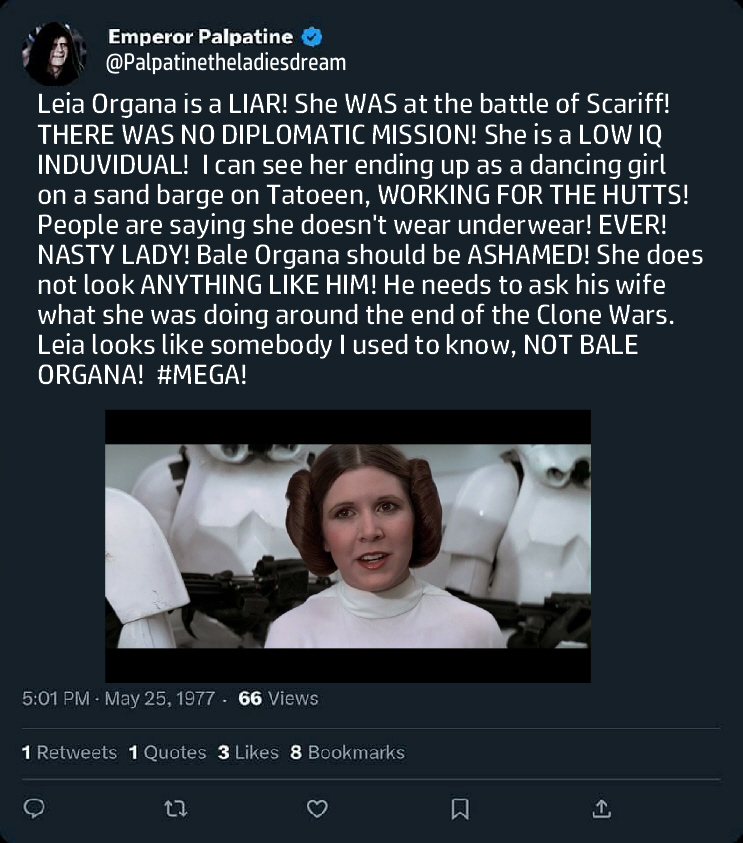 This meme is a screenshot of a Twitter post from 1977, where a user is pretending to be Emperor Palpatine, the main antagonist of the Star Wars franchise. The user is responding to a question about Princess Leia's famous hairstyle, "The Buns," and is sarcastically describing the character as "The Buns." The post is written in a humorous, over-the-top style, with the user using a mix of Star Wars references and pop culture jokes to create a humorous, satirical take on the character.