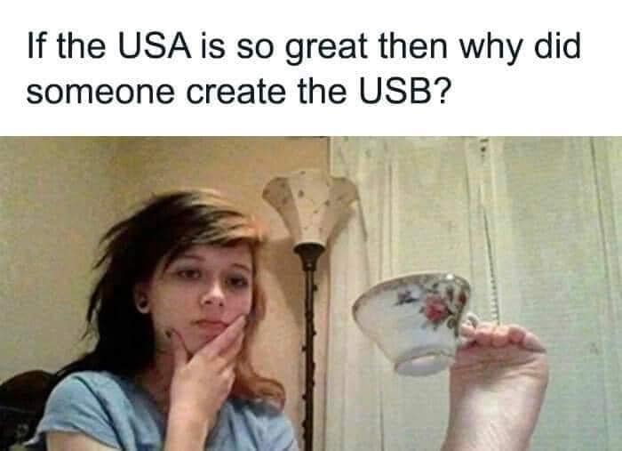 The meme is a humorous take on the stereotype that the United States is a technologically advanced country. The image depicts a person, likely a young woman, with a puzzled expression, holding a tea cup and saucer, an...