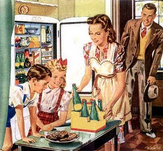This meme is an image of a 1940s-style illustration of a family in their kitchen. The image shows a mother, a father, and a young girl standing in front of a kitchen table, with a cake on it that says "Happy 18th Birthday" in icing. The mother is holding a tray with three bottles of beer, and the father is holding a hat and looking at the camera with a mischievous expression.