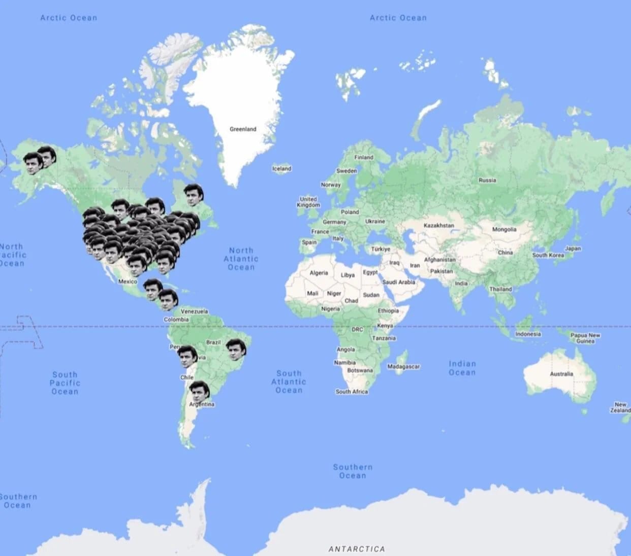 The meme is a map of the world with a large number of small images of a single person's face, presumably a celebrity or public figure, scattered across it. The text "I can see your face" is written at the top of the image, implying that the person's face is being seen everywhere. The image is likely a humorous commentary on the ubiquity of social media and the internet.