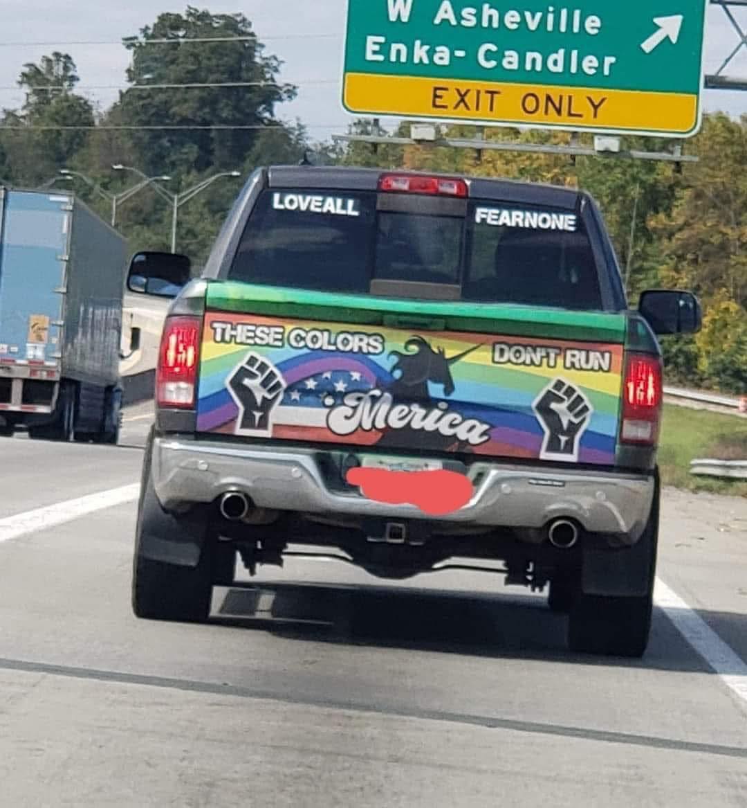 The meme is an image of a pickup truck with a colorful, patriotic design, featuring a rainbow-colored stripe with a unicorn and a "Don't Tread on Me" flag pattern. The text on the truck reads "If They Don't Get It, You Get It" and "If They Don't Get It, You Get It" is also written on the back window, with "Love All" and "Hate None" written above it. The truck is driving on a highway, with a sign in the background that reads "If They Don't Get It, You Get It".