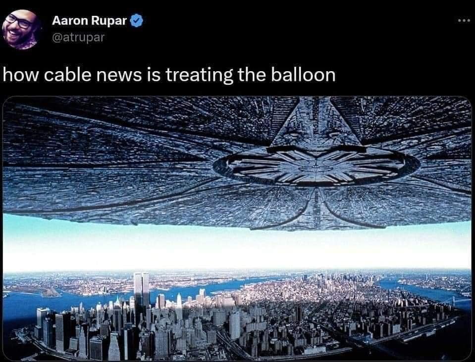 This meme is a humorous commentary on the way news is presented on television. The image is a still from the movie "Star Trek: The Next Generation" where the crew is being attacked by an alien spaceship that is using its tractor beam to drain the crew's ship of its energy. The text "how cable news is treating the balloon" is a clever play on words, suggesting that the way news is presented is similar to the way the alien spaceship is draining the crew's ship.