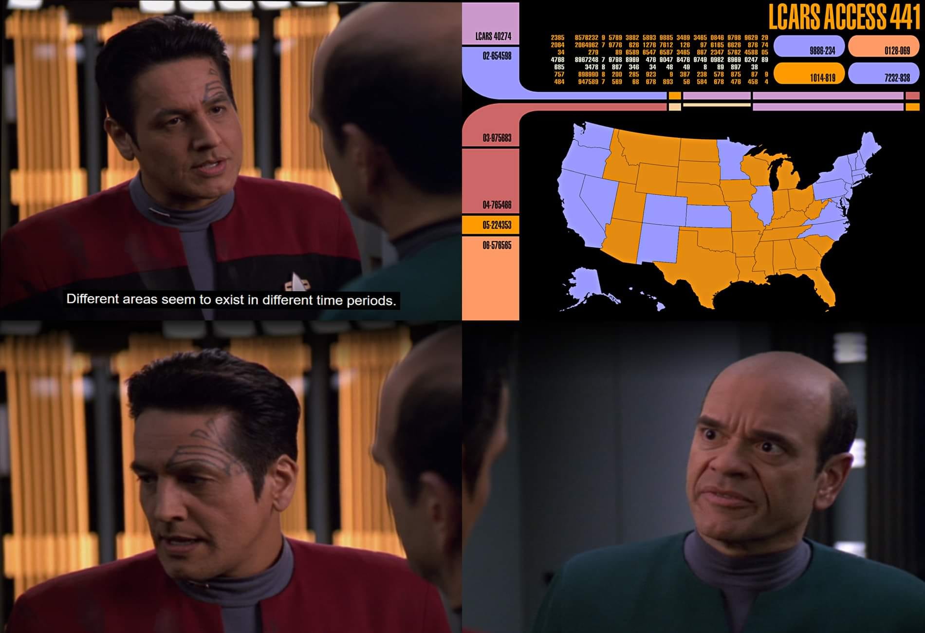 This meme is a humorous image that combines a scene from the Star Trek: The Next Generation episode "The Last Ship" with a map of the United States. The image shows a character, T.J. , looking confused and saying "I don't understand the concept of time zones", with a map of the US in the background. The text at the top of the image reads "I don't understand the concept of time zones".