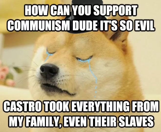 This meme is a humorous take on the infamous "I can explain it better than a 5-year-old" meme. The image features a dog, likely a Shiba Inu, with a sad expression, and the text "I can explain it better than a 5-year-old" is replaced with "I can explain it better than a 5-year-old, but I just can't". The text below the image reads: "How can you support Stalin, he killed your parents. How can you support Castro, he killed your grandparents. How can you support Hitler, he killed your family. How can you support communism, it's only fair that your parents worked so you could have a better life. How can you support Castro, it's only fair that your grandparents worked so you could have a better life."