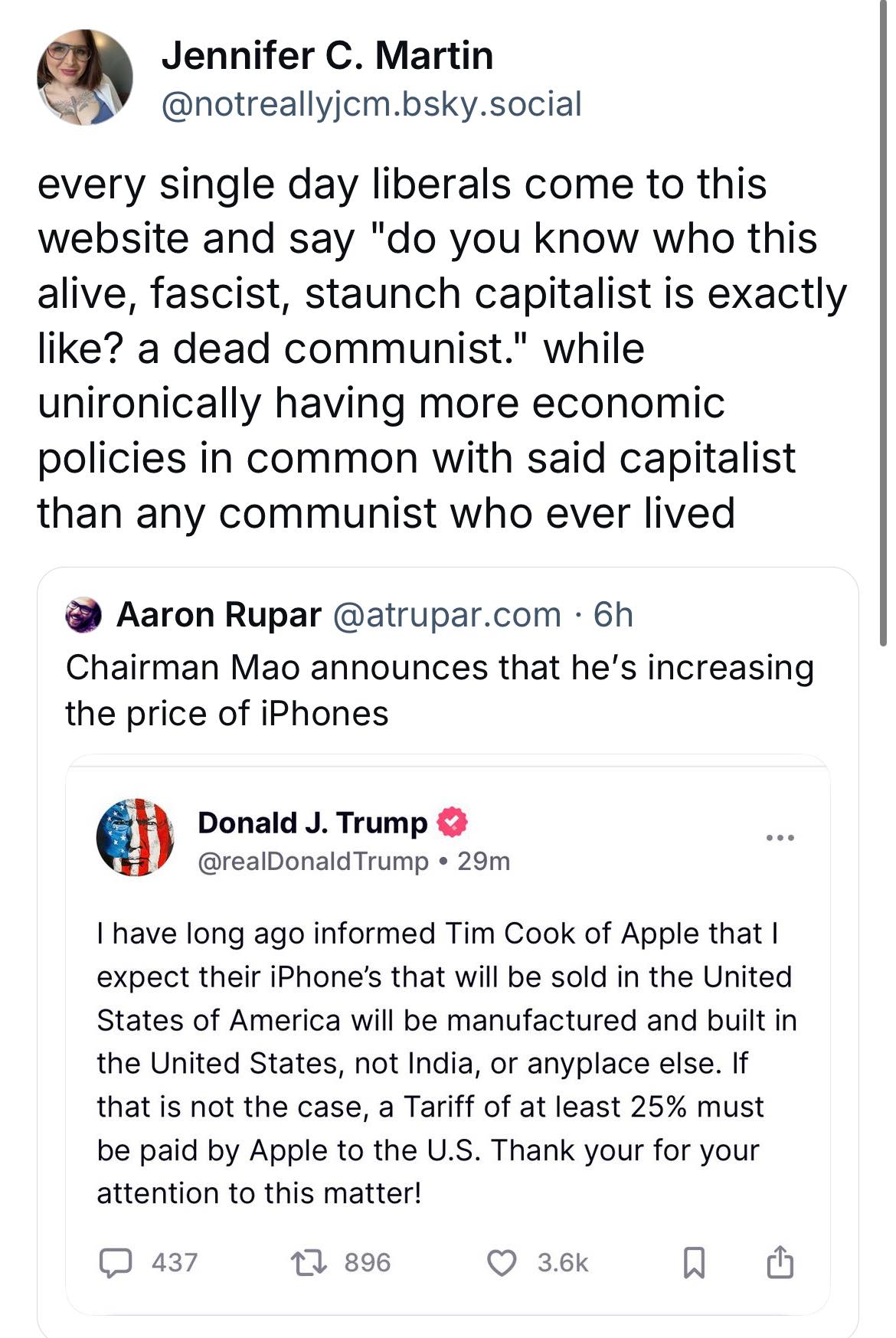 The meme is a screenshot of a Twitter conversation between a user named "Jennifer C. Martin" and a user named "Donald J. Trump". Jennifer C. Martin is responding to a tweet from Donald J. Trump, where he is announcing that he will increase the price of iPhones in the United States. Jennifer C. Martin is making a sarcastic comment about Donald J. Trump's announcement, saying that he is a "dead communist" and a "stupid idiot" who is making a joke about the price of iPhones in the United States.