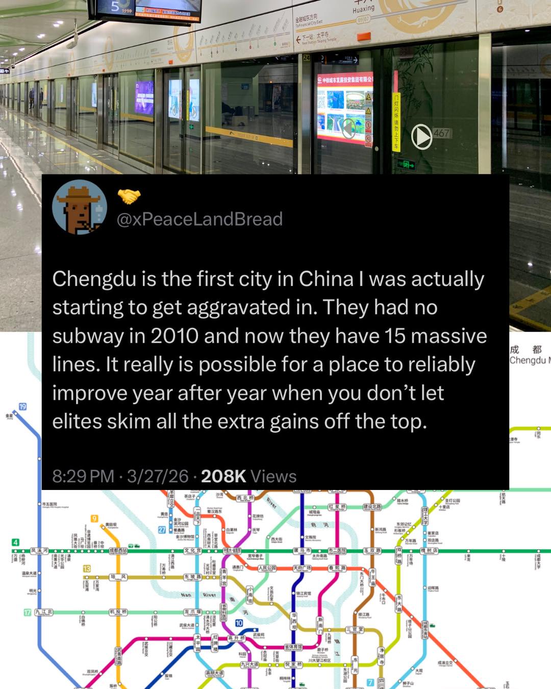 The meme is a satirical commentary on the perceived anti-communist sentiment in China. The image features a tweet that reads, "Chengdu is the first city in China I was actually starting to get aggravated in. They had...